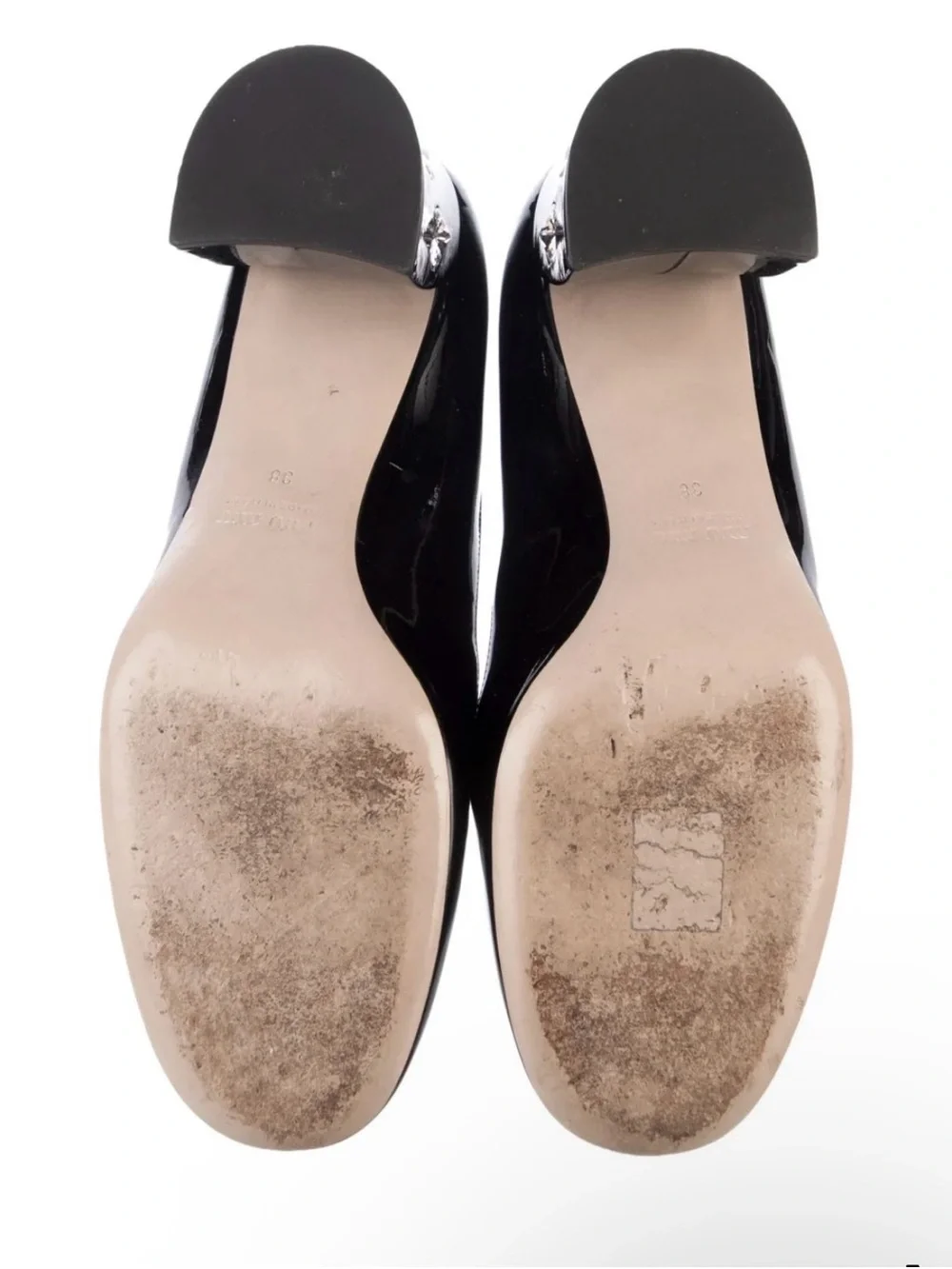 Miu Miu Black and White Patent Mid Heel Pumps with Gem Accent Sz 7.5